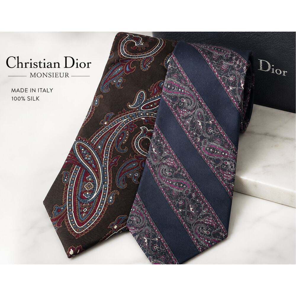 Christian Dior Monsieur Two Silk Ties Paisley Vintage Italy USA 58 x 3.5 Luxury